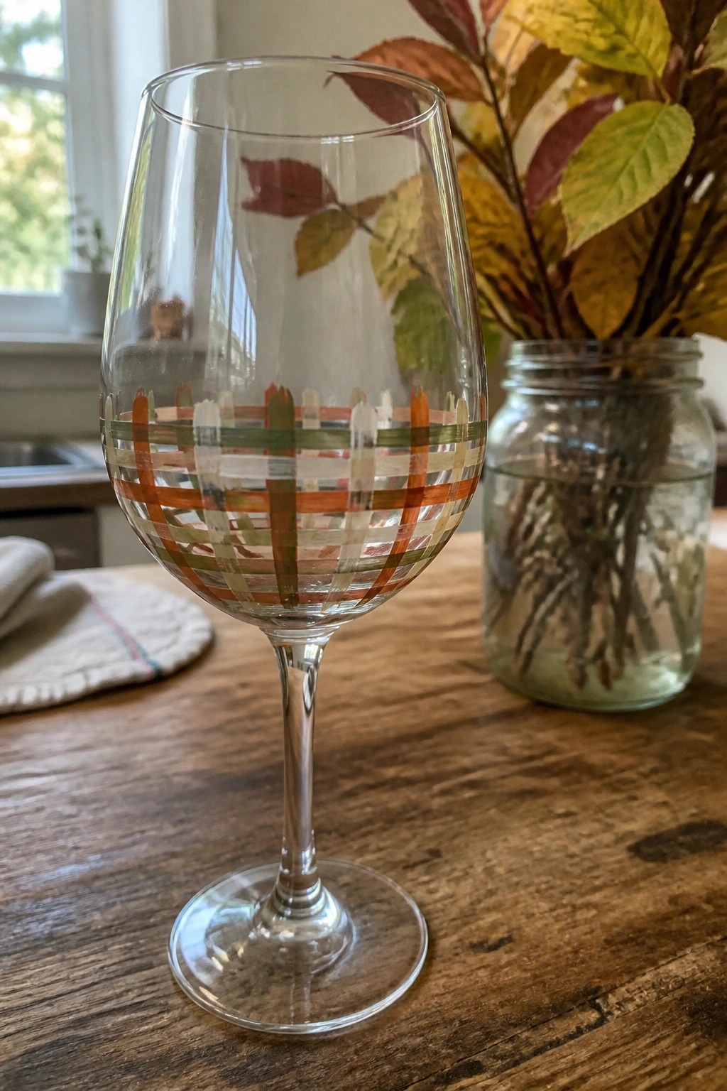 Orange and green plaid wine glass beside leaf-filled jar on rustic wooden table