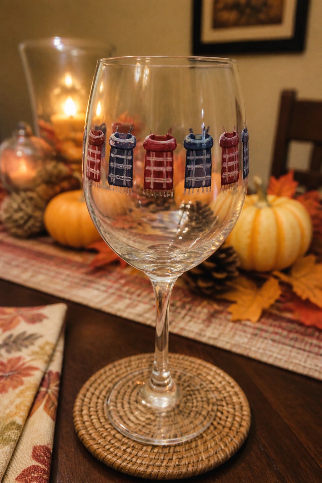 Wine glass with hand-painted red and blue plaid scarf designs on autumn table