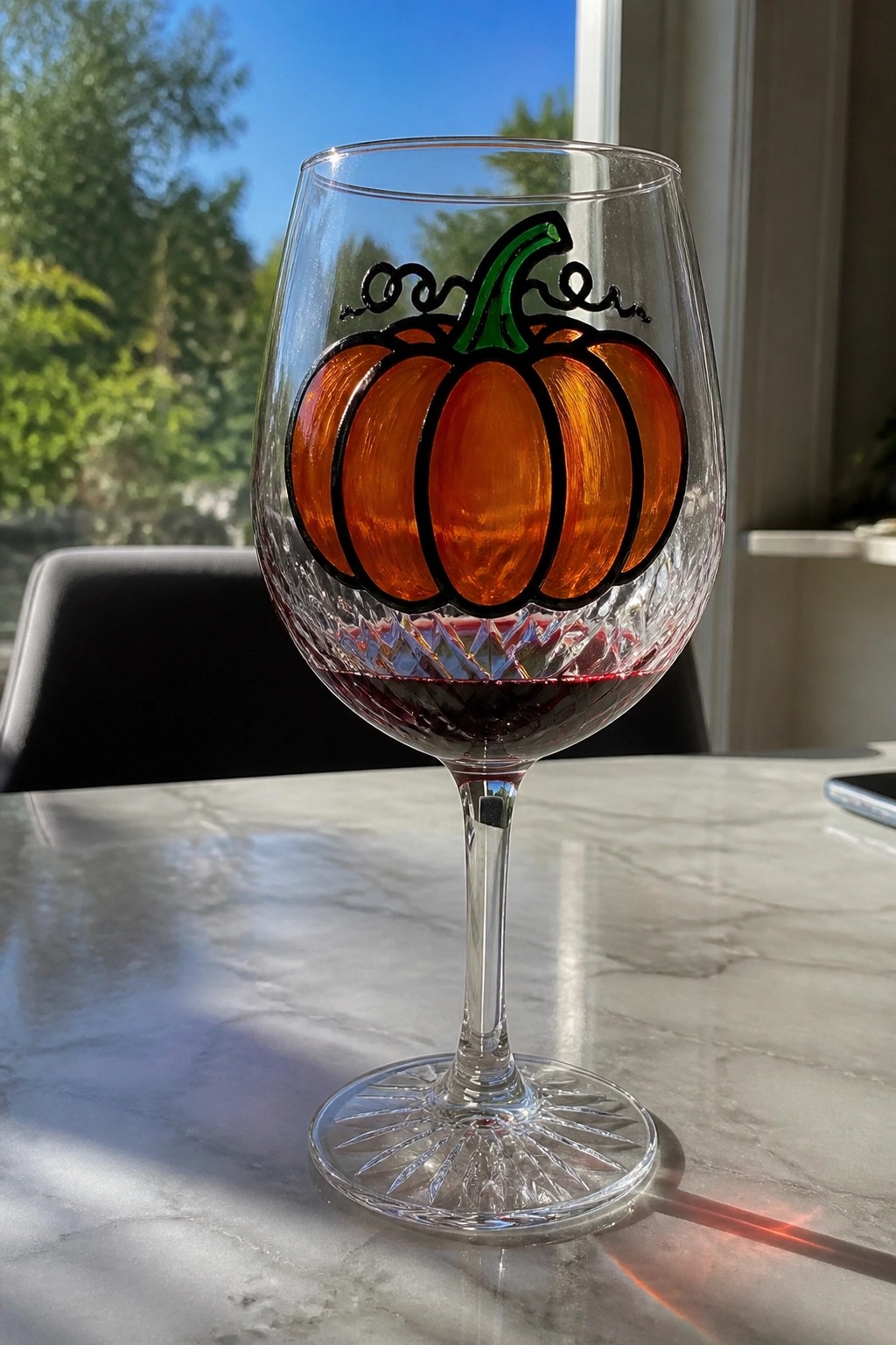 Wine glass with orange pumpkin design holding red wine on marble table