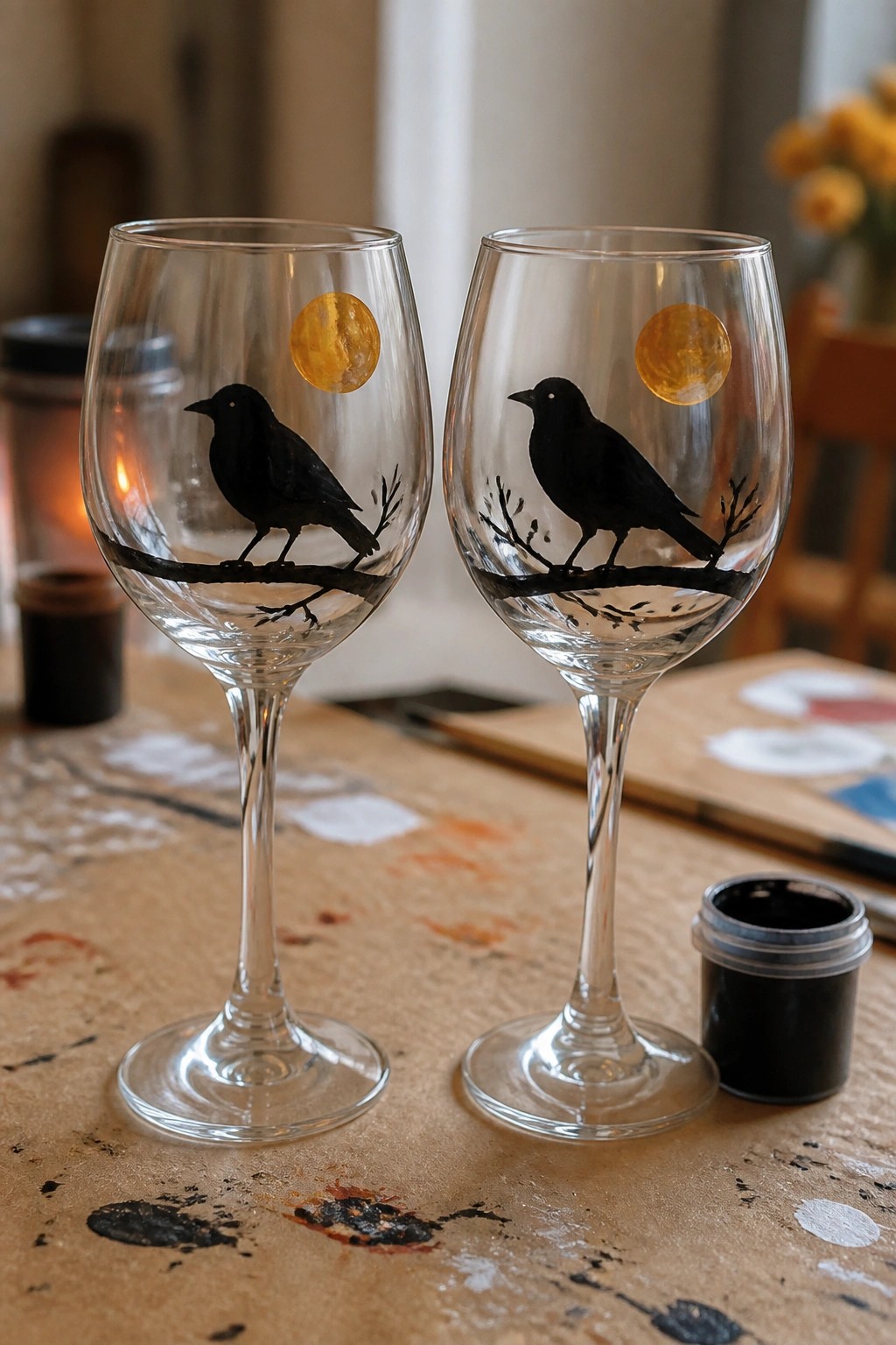 Two hand-painted wine glasses with black birds, branches, and golden moons.