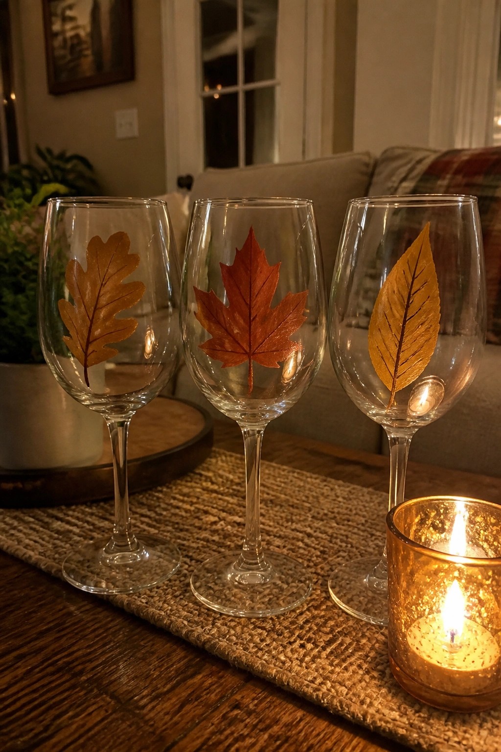 Three wine glasses with painted autumn leaves beside a lit candle on a table