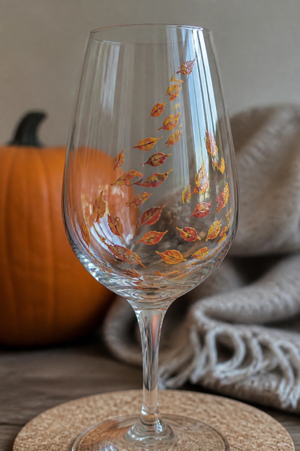 Clear wine glass with colorful autumn leaves, orange pumpkin and beige blanket behind