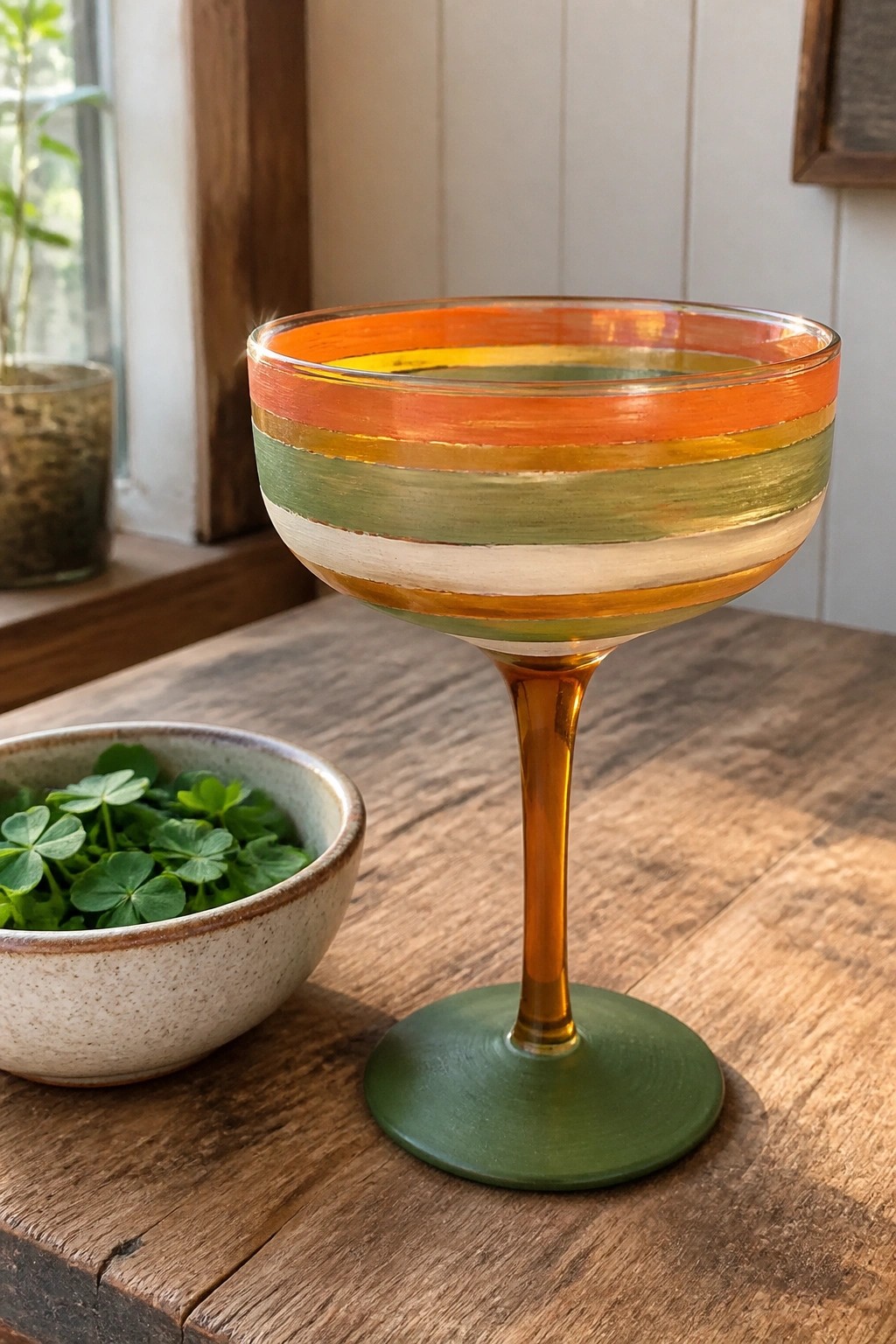 Colorful striped coupe glass beside bowl of clovers on wooden table
