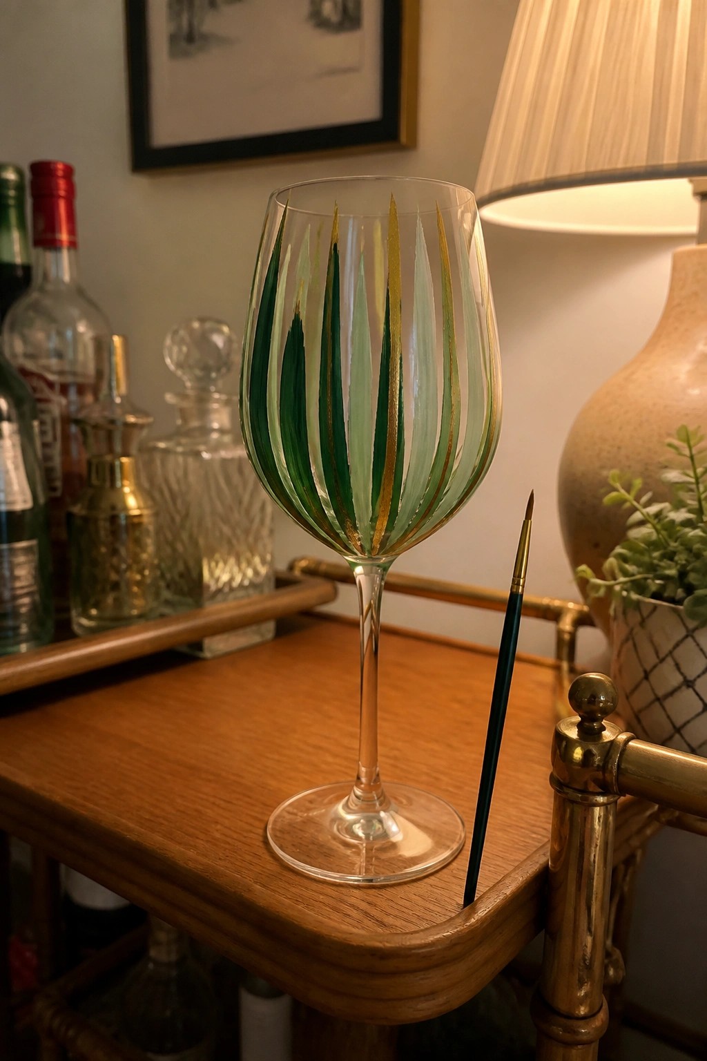 Wine glass hand-painted with green and gold leaves beside a paintbrush.
