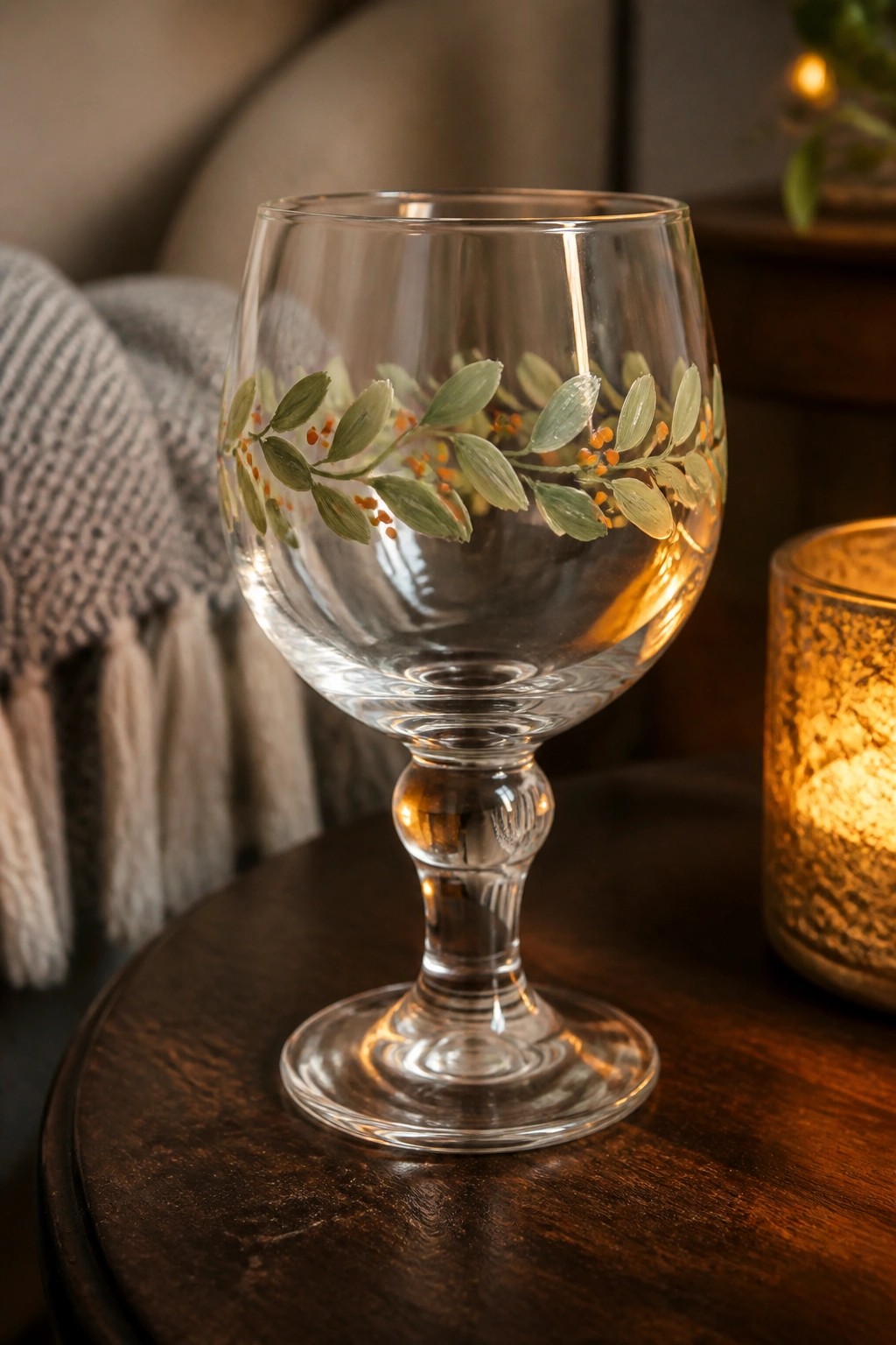 Clear glass goblet with green leaves and orange berries on wooden table