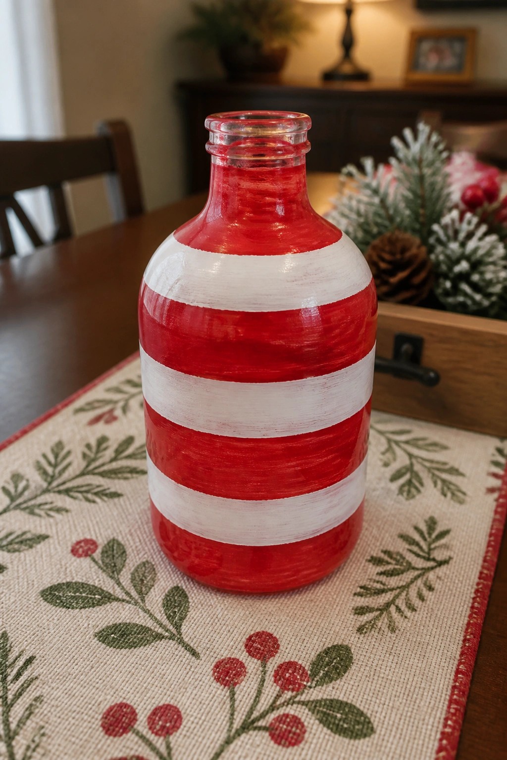 Red and white striped painted bottle on berry-patterned holiday placemat.