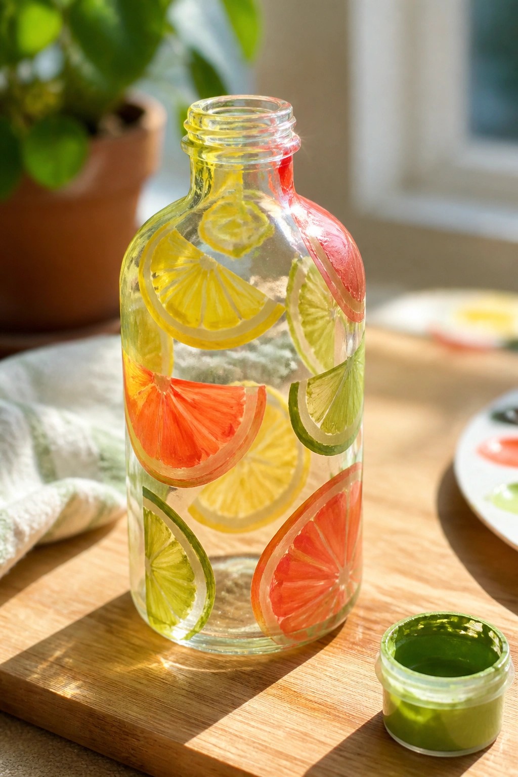 Painted glass bottle with colorful citrus slices on wooden board beside paints