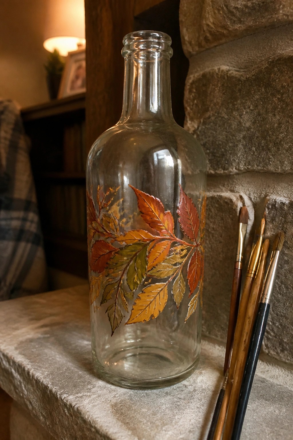 Glass bottle with autumn leaf paintings in orange and gold beside paintbrushes on stone.