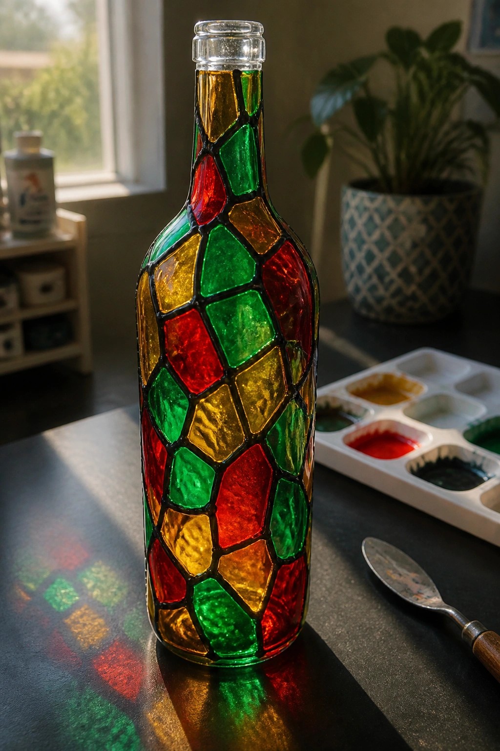 Mosaic bottle with red, green, yellow glass pieces casting colorful shadows on table