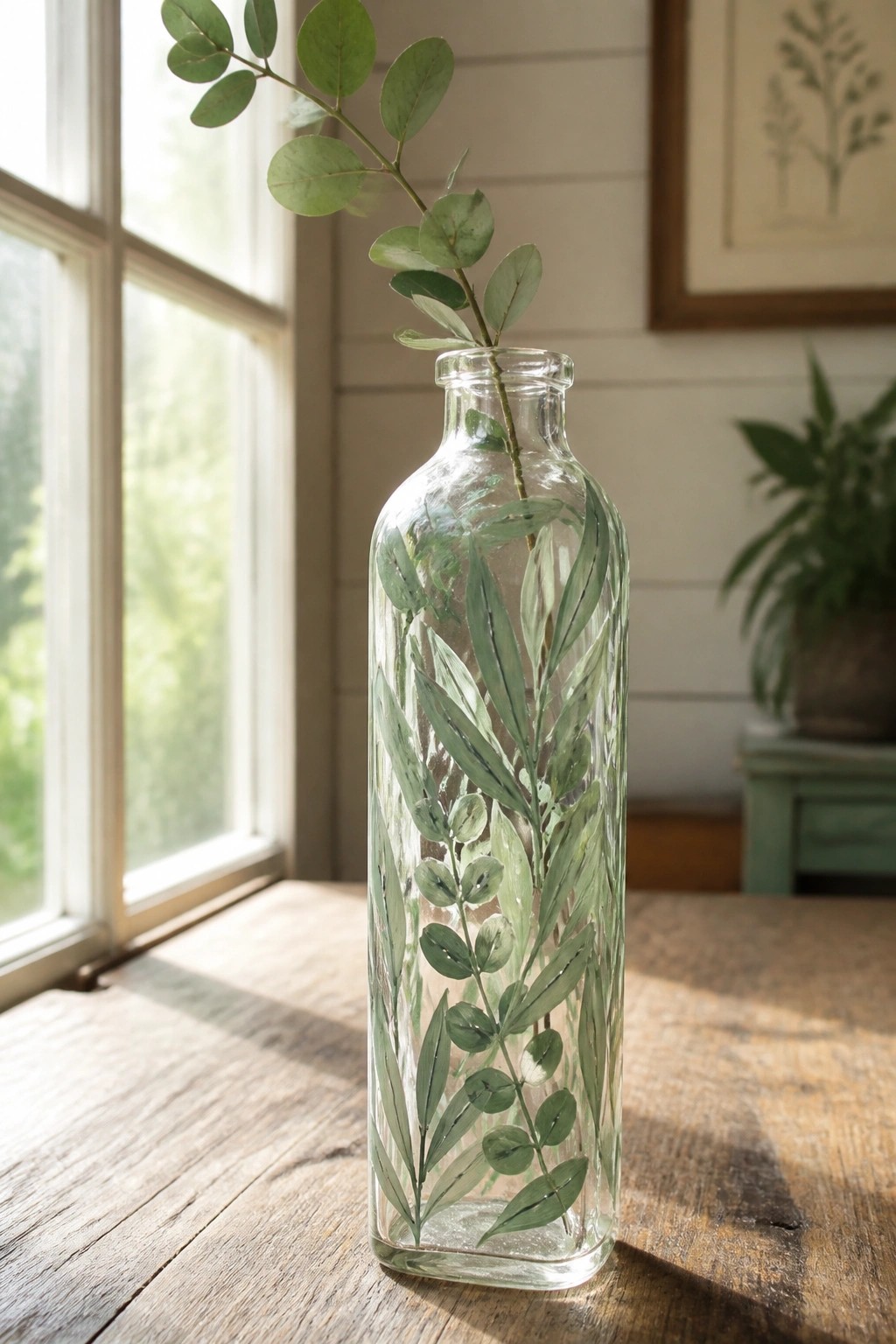Glass bottle hand-painted with green leaves holding eucalyptus branch on wooden table