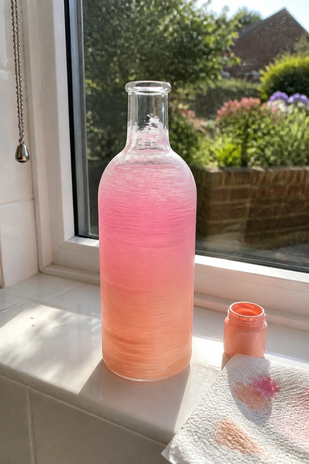 Pink-orange streaky painted glass bottle on sunny windowsill beside open paint jar and stained towel