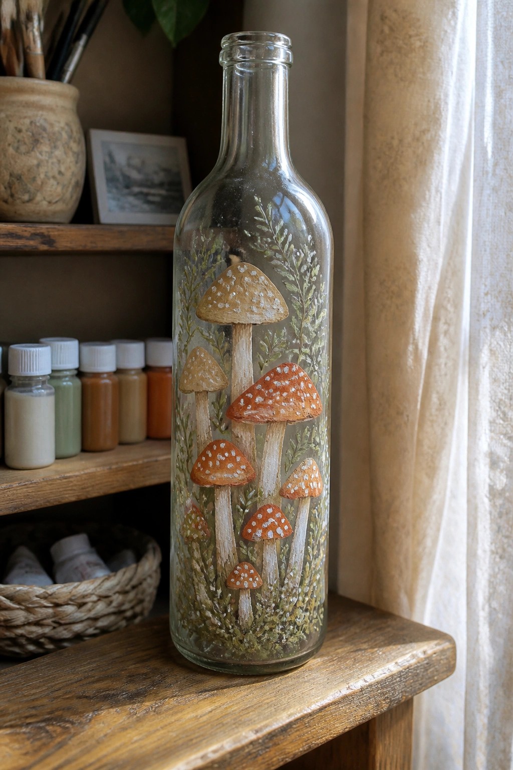 Tall glass bottle painted with orange mushrooms and green foliage on wood.