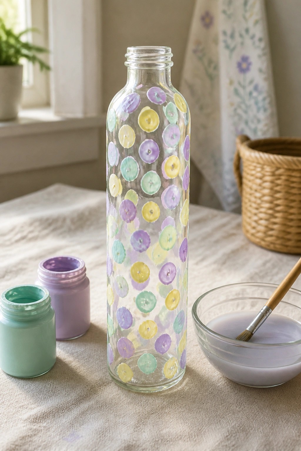 Painted glass bottle with pastel dots beside open paint jars and brush on table