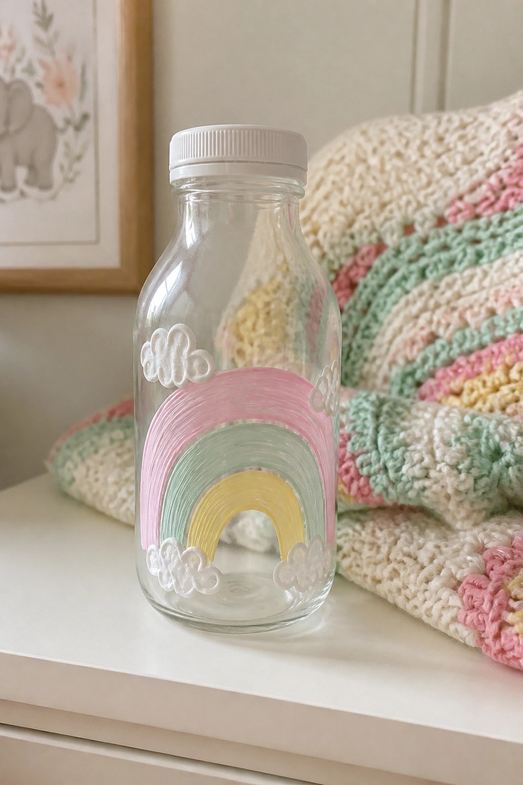 Clear glass bottle with pink green yellow rainbow and white clouds beside pastel blanket