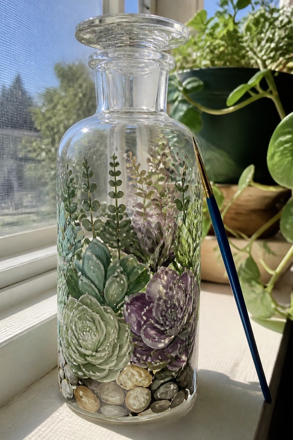 Glass bottle hand-painted with green succulents and purple flowers, paintbrush beside it on windowsill