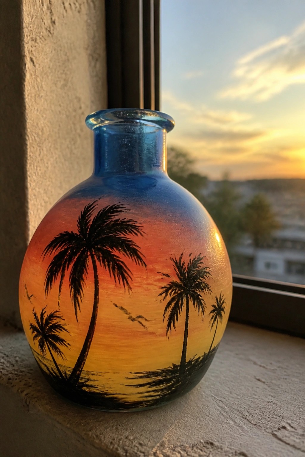 Painted glass vase with palm trees, ocean, and birds at sunset on windowsill