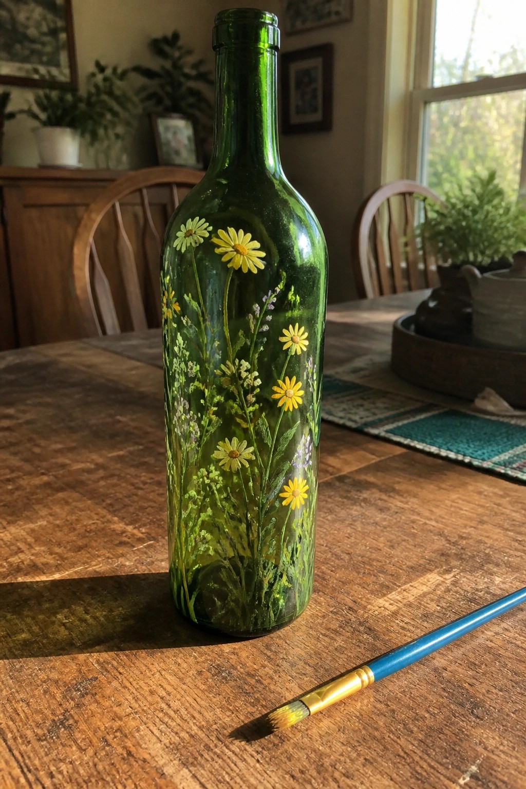 Painted green bottle with yellow daisies beside blue paintbrush on wooden table