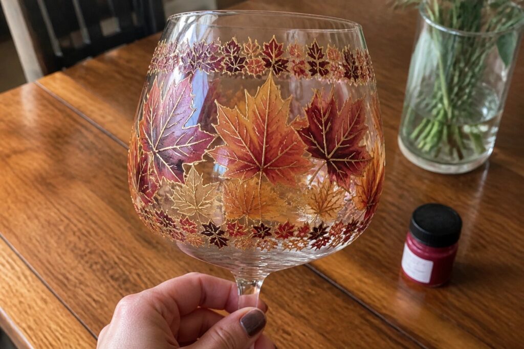 20 Elegant Fall Leaf Wine Glass Designs Framed by Maple Leaf Wraparound Patterns Painted wine glass with red-orange maple leaves and gold outlines on wooden table beside paint jar.