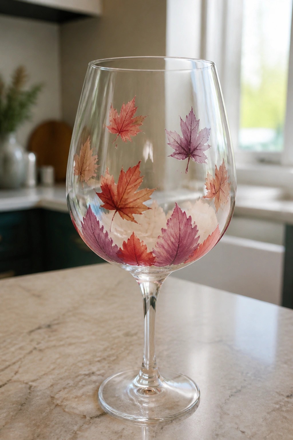 A clear wine glass painted with maple leaves in red, orange, and purple sits on a marble kitchen counter.