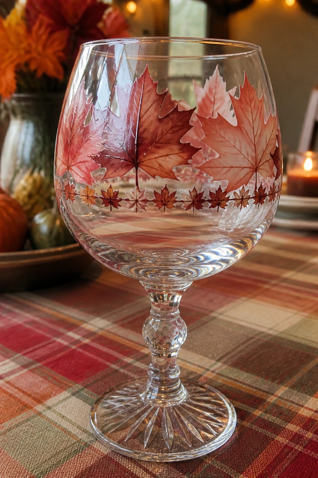 Clear glass goblet etched with red maple leaves on plaid tablecloth.