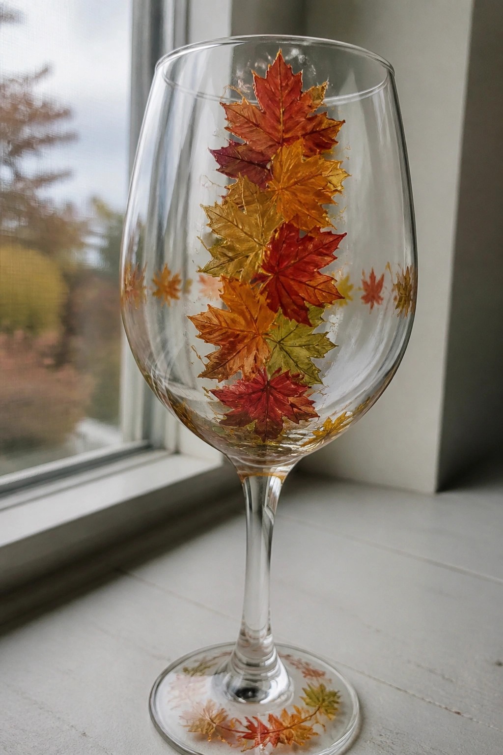 Wine glass decorated with vertical row of red, orange, and yellow autumn leaves.