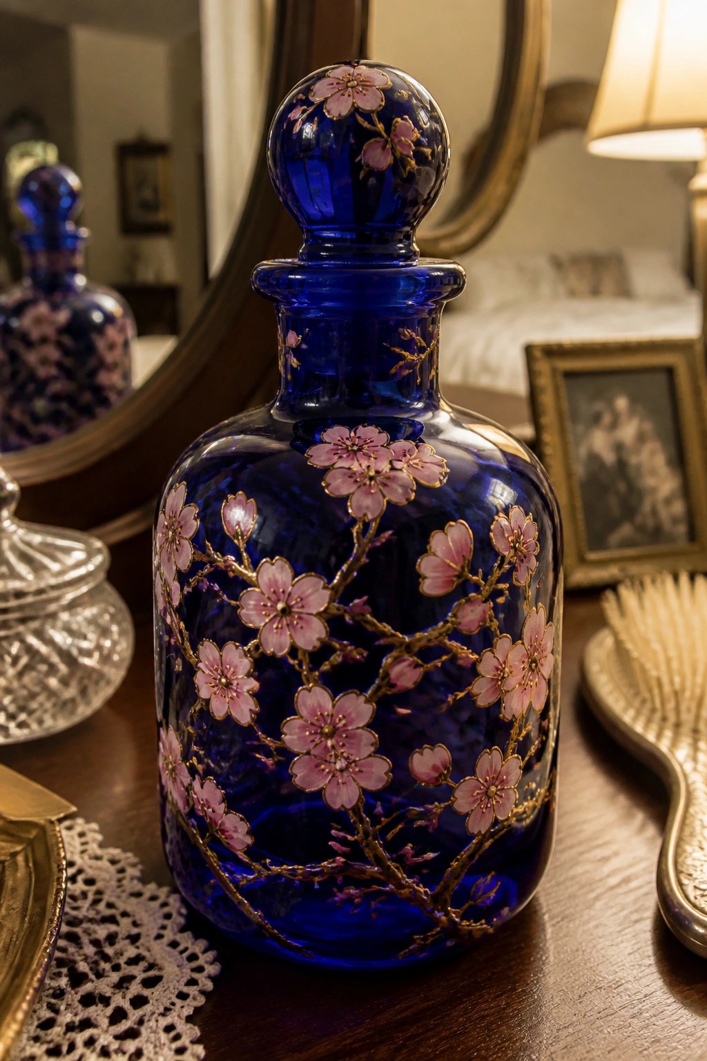 Ornate blue glass bottle with pink cherry blossoms and gold branches on wood.