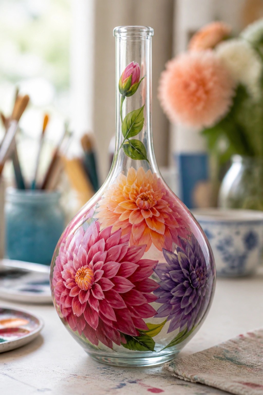 Glass bottle hand-painted with pink, orange, and purple dahlia flowers and leaves
