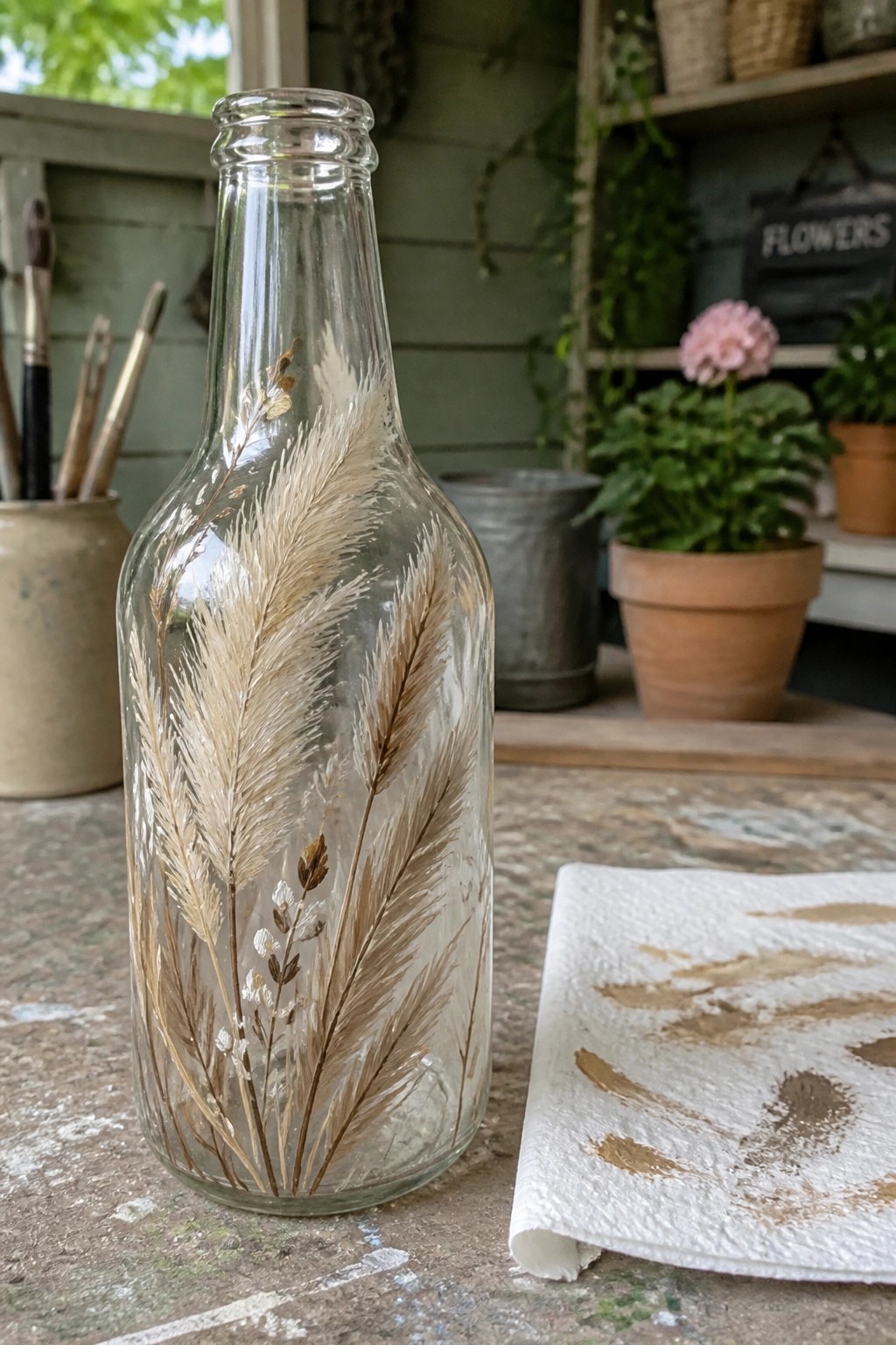 Glass bottle with dried pampas grass design beside paint-stained paper towel