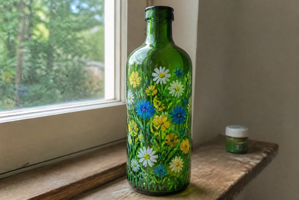 Green glass bottle hand-painted with blue, white, and yellow wildflowers on wooden windowsill.