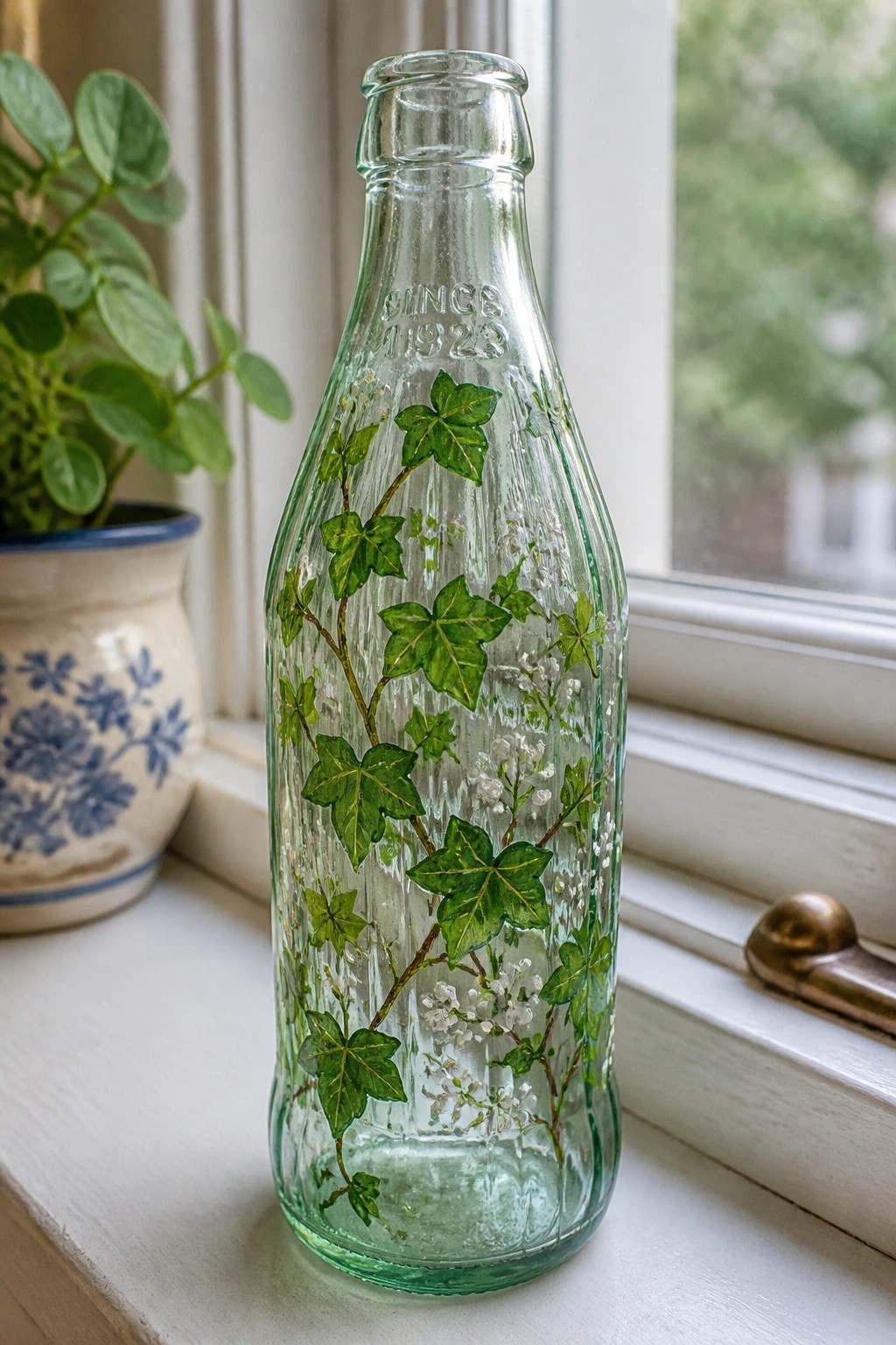 Glass bottle painted with green ivy and white flowers on windowsill