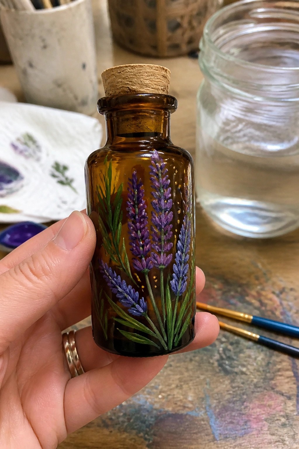 Hand holding corked amber bottle painted with purple lavender, green stems, and gold dots