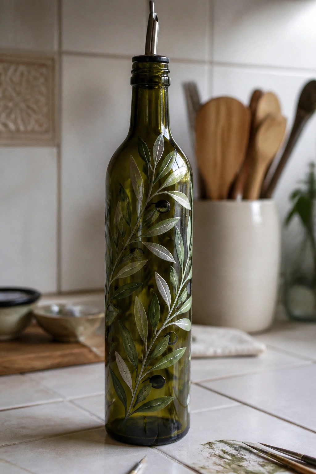 Green bottle with painted olive branches and metal spout on kitchen counter