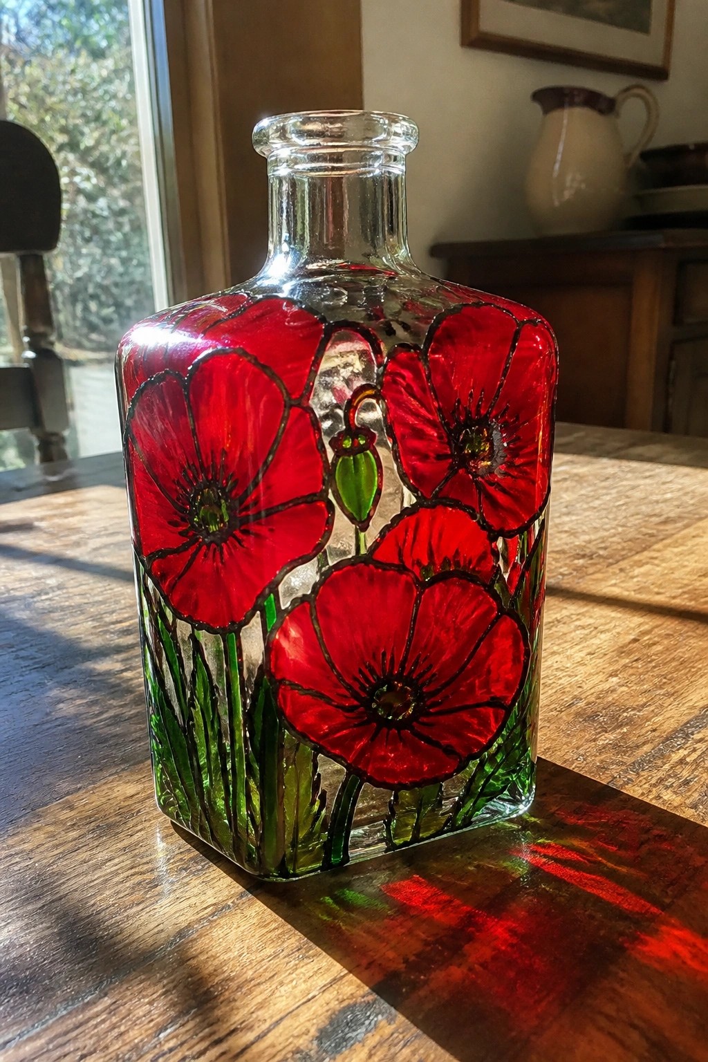 Glass bottle with red poppies and green stems on sunlit wooden table