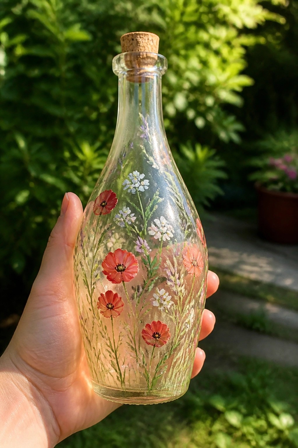 Hand holding corked glass bottle painted with red poppies and wildflowers.