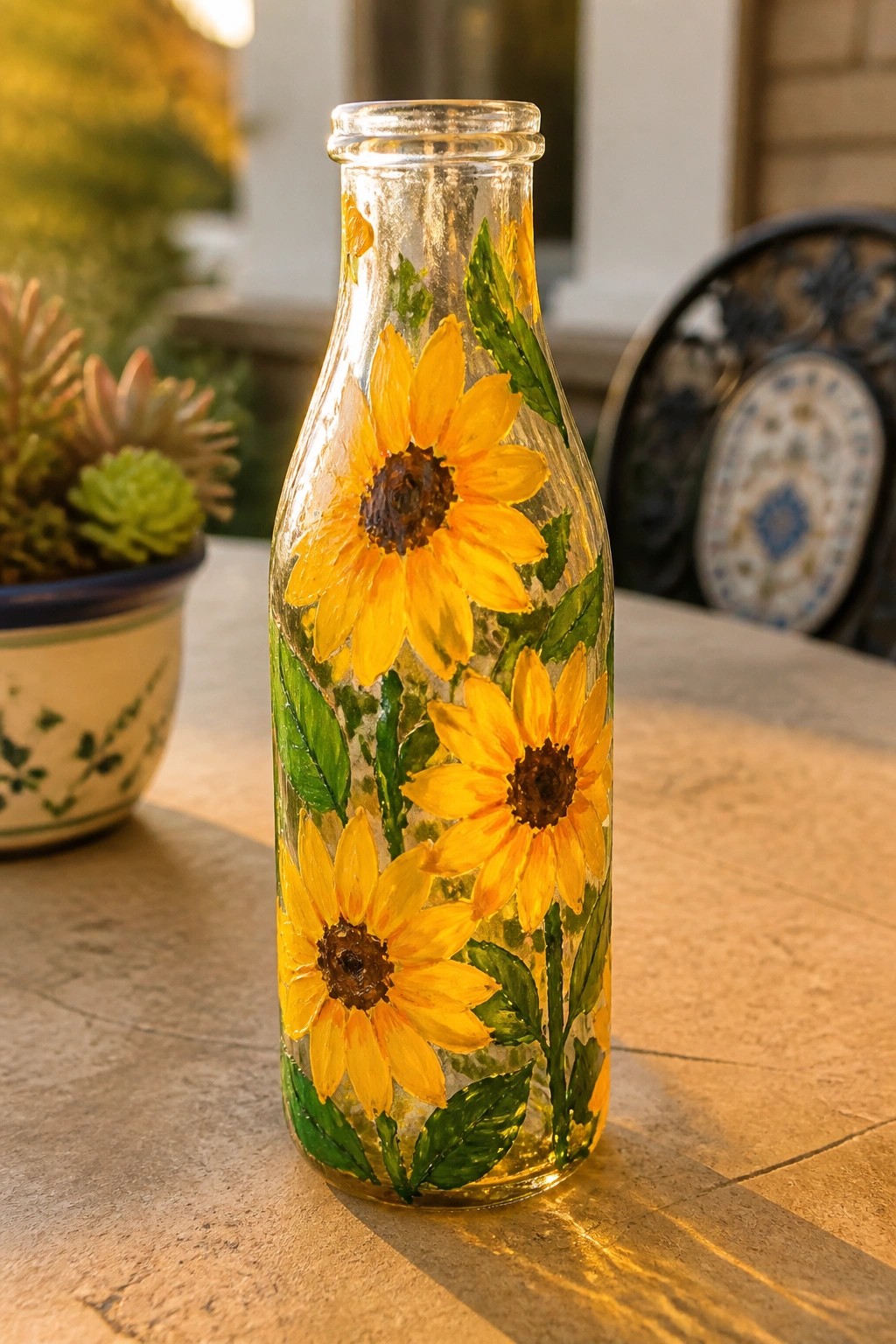 Glass bottle painted with yellow sunflowers and green leaves on outdoor table.