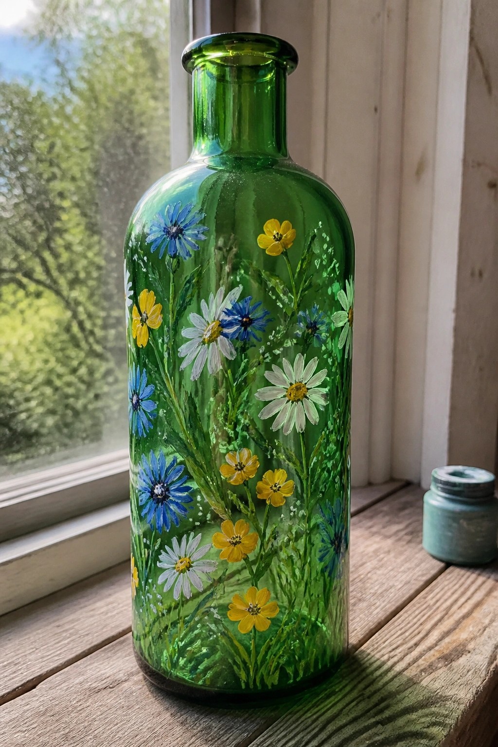 Green glass bottle hand-painted with blue, white, and yellow wildflowers on wooden windowsill.