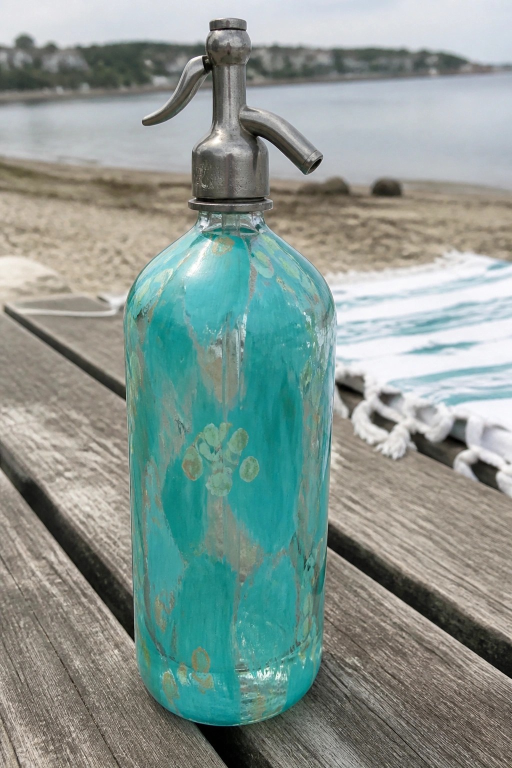 Turquoise distressed seltzer bottle with metal dispenser on wooden bench by beach