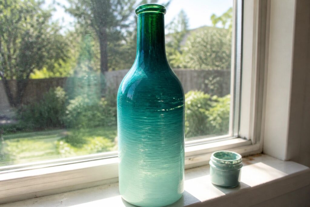 19 Fresh Blue and Green Bottle Painting Ideas Inspired by Coastal Palettes Teal gradient painted bottle with brush strokes beside paint jar on windowsill.