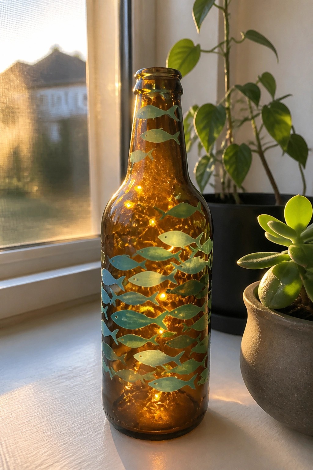 Glowing amber bottle with green fish silhouettes on windowsill beside potted plants