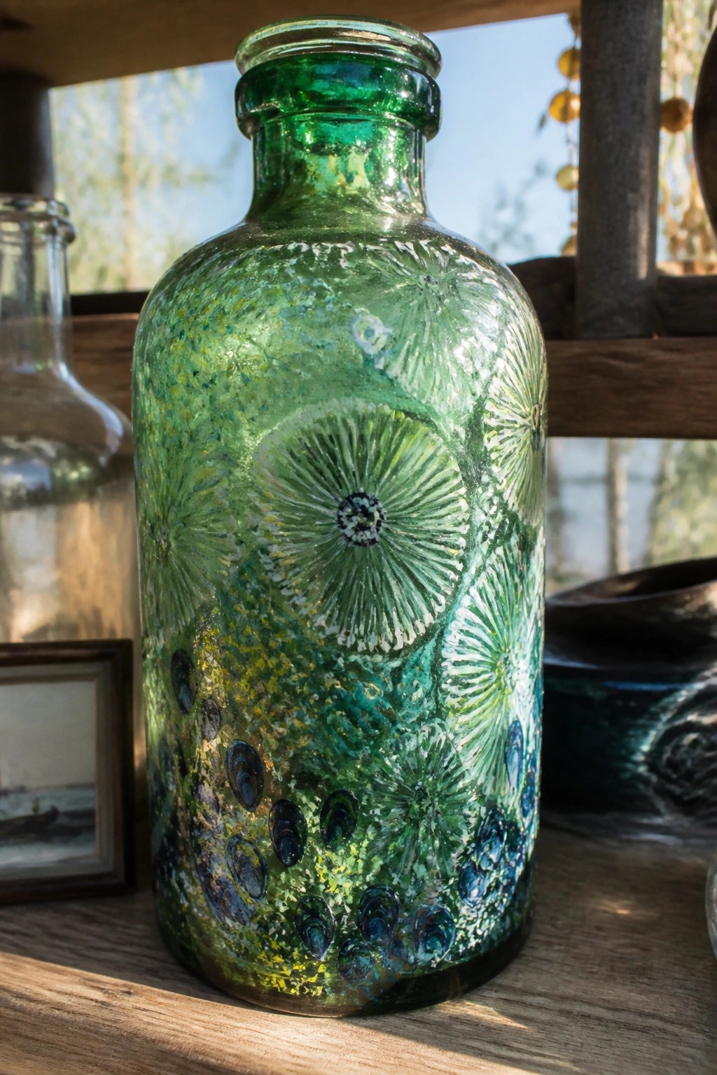 Green glass bottle with white floral patterns and blue accents on wooden shelf.