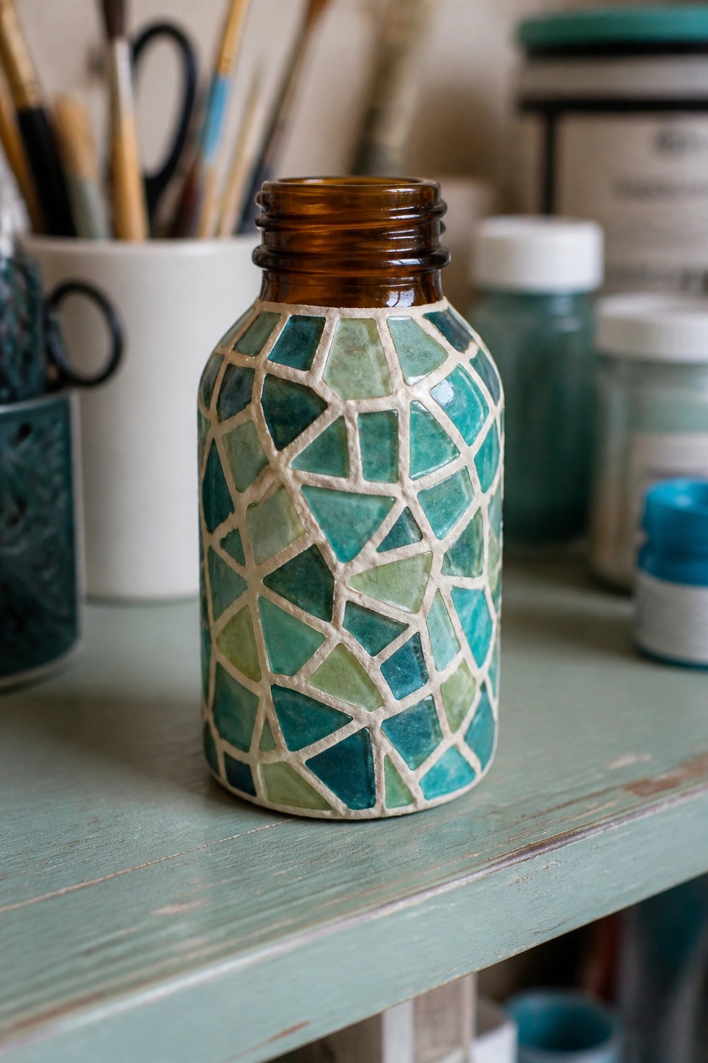 Amber glass bottle covered in turquoise mosaic tiles on green table
