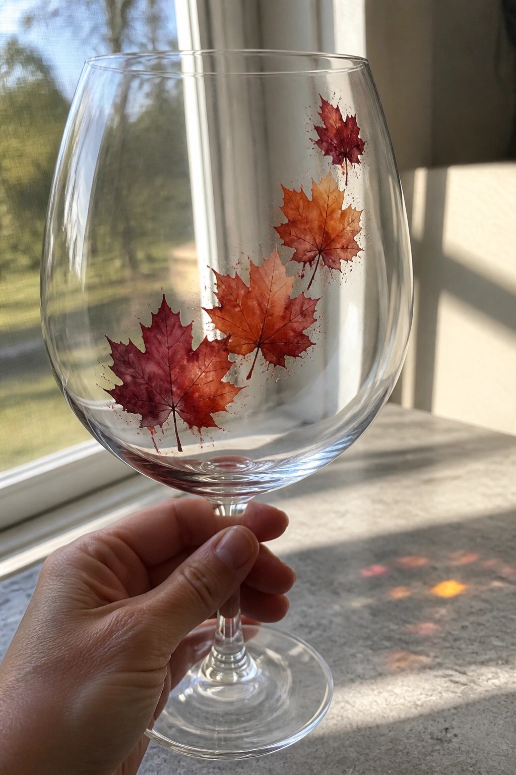 Hand holding wine glass painted with red and orange maple leaves by window