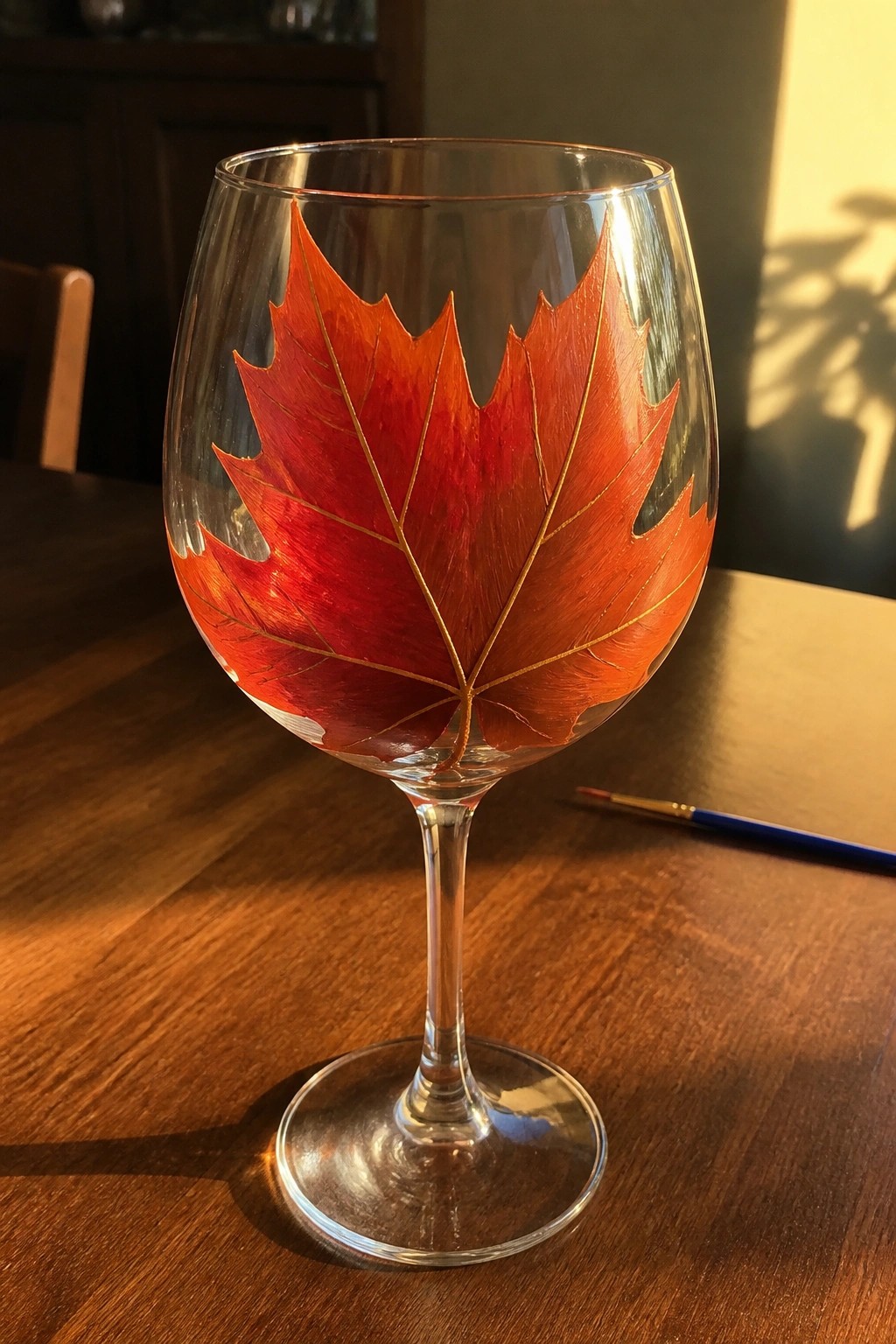 Wine glass with red maple leaf and gold veins on wooden table beside paintbrush.
