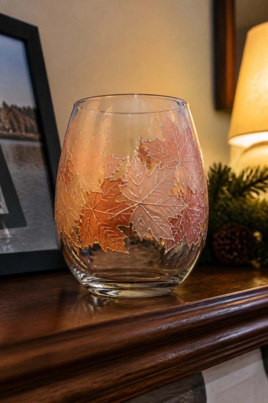 Etched glass vase with colorful autumn maple leaves on wooden mantel