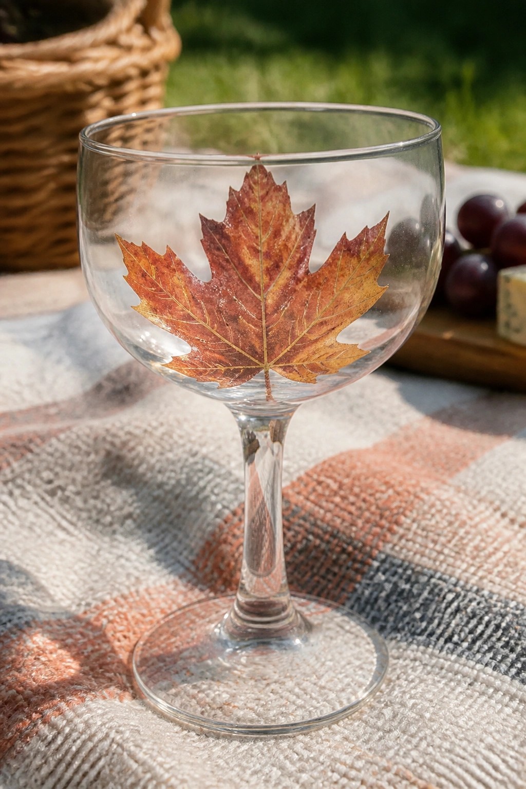 Wine goblet with red maple leaf on checkered picnic blanket outdoors