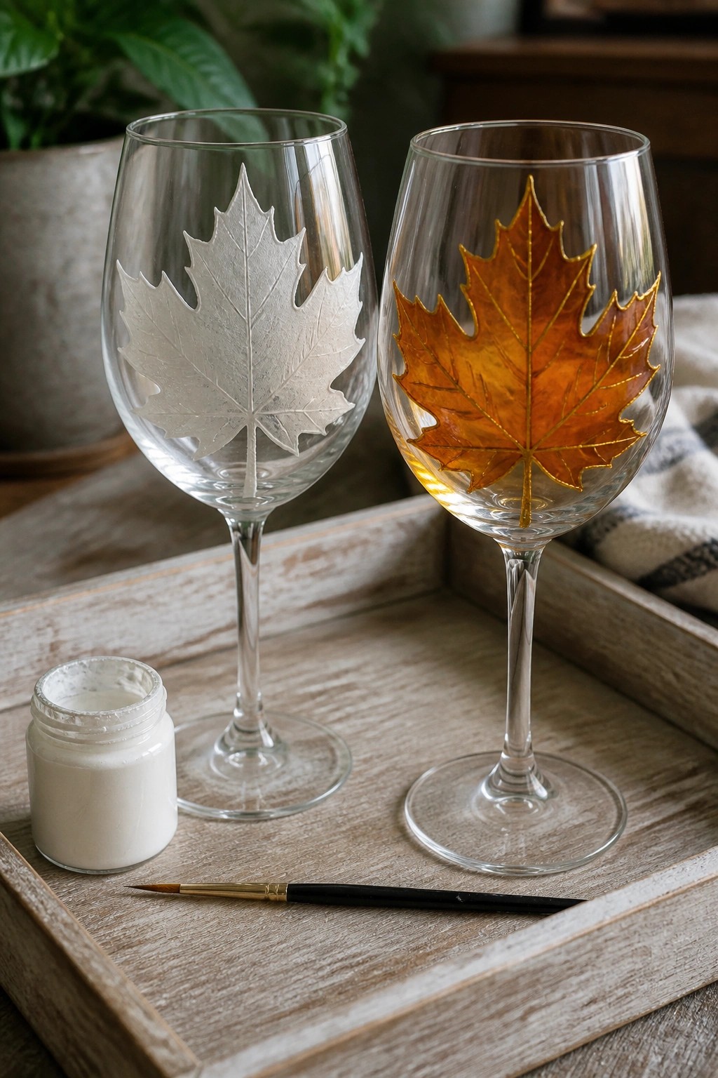 Two maple leaf decorated wine glasses, white and orange, with paint supplies on wooden tray.