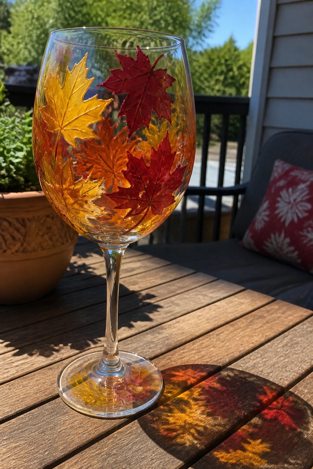 Wine glass with colorful maple leaves on sunny wooden table casting leaf shadows