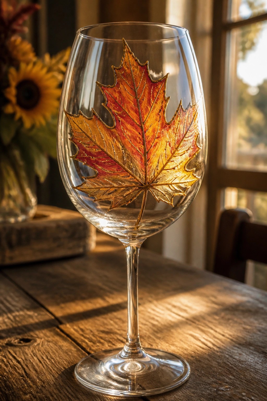Stemmed wine glass with vibrant orange-red maple leaf design on wooden table