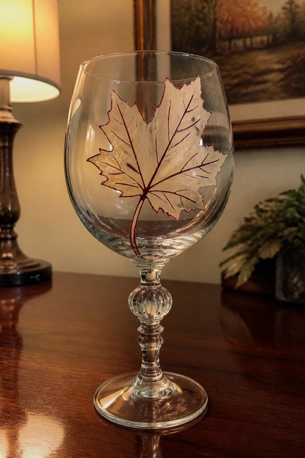 Clear wine goblet with frosted red maple leaf etching on wooden table.