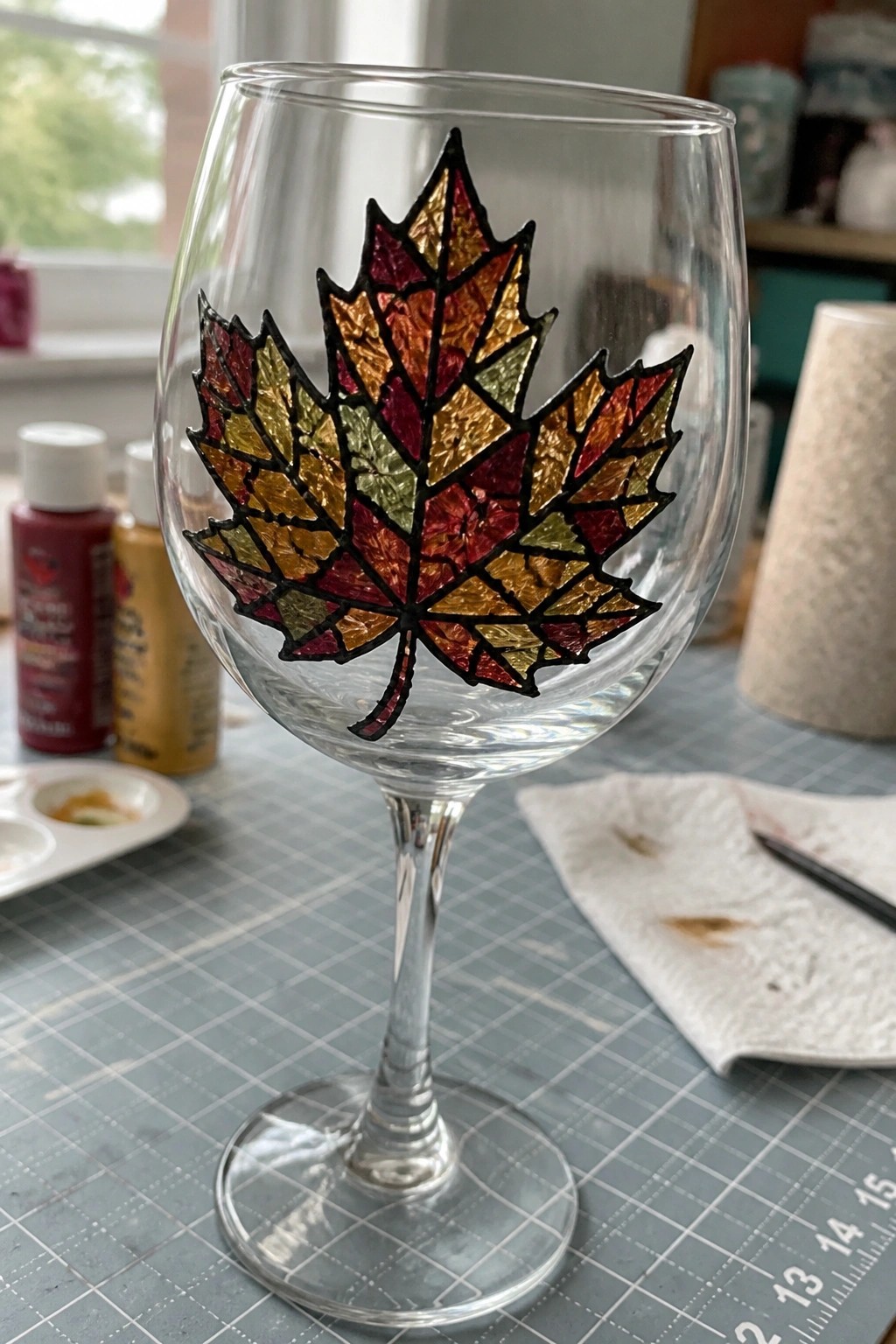 Wine glass with vibrant stained-glass maple leaf in autumn colors on craft table
